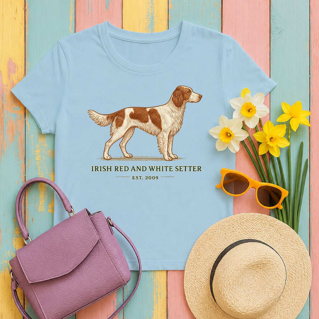 Irish Red and White Setter Engraved Plate Tee in Light Blue