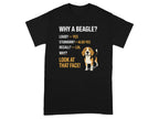 T-shirt with text about Beagles and a cartoon dog.
