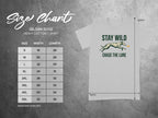 Gildan 5000 size chart for Heavy Cotton t-shirts with "Stay Wild Chase the Lure" graphic.