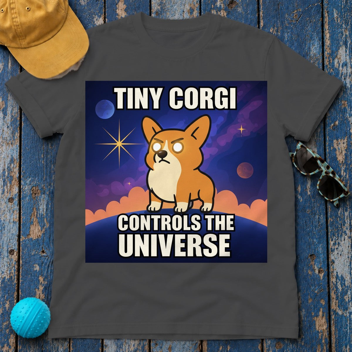 Tiny Corgi Controls the Universe Graphic Design T-Shirt in Dark Heather