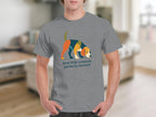 Grey t-shirt with a colorful dog illustration and text.
