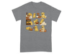 Illustration of golden retriever puppies baking bread in various kitchen scenes.