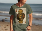 Green t-shirt featuring a King of Hearts playing card with a golden retriever.