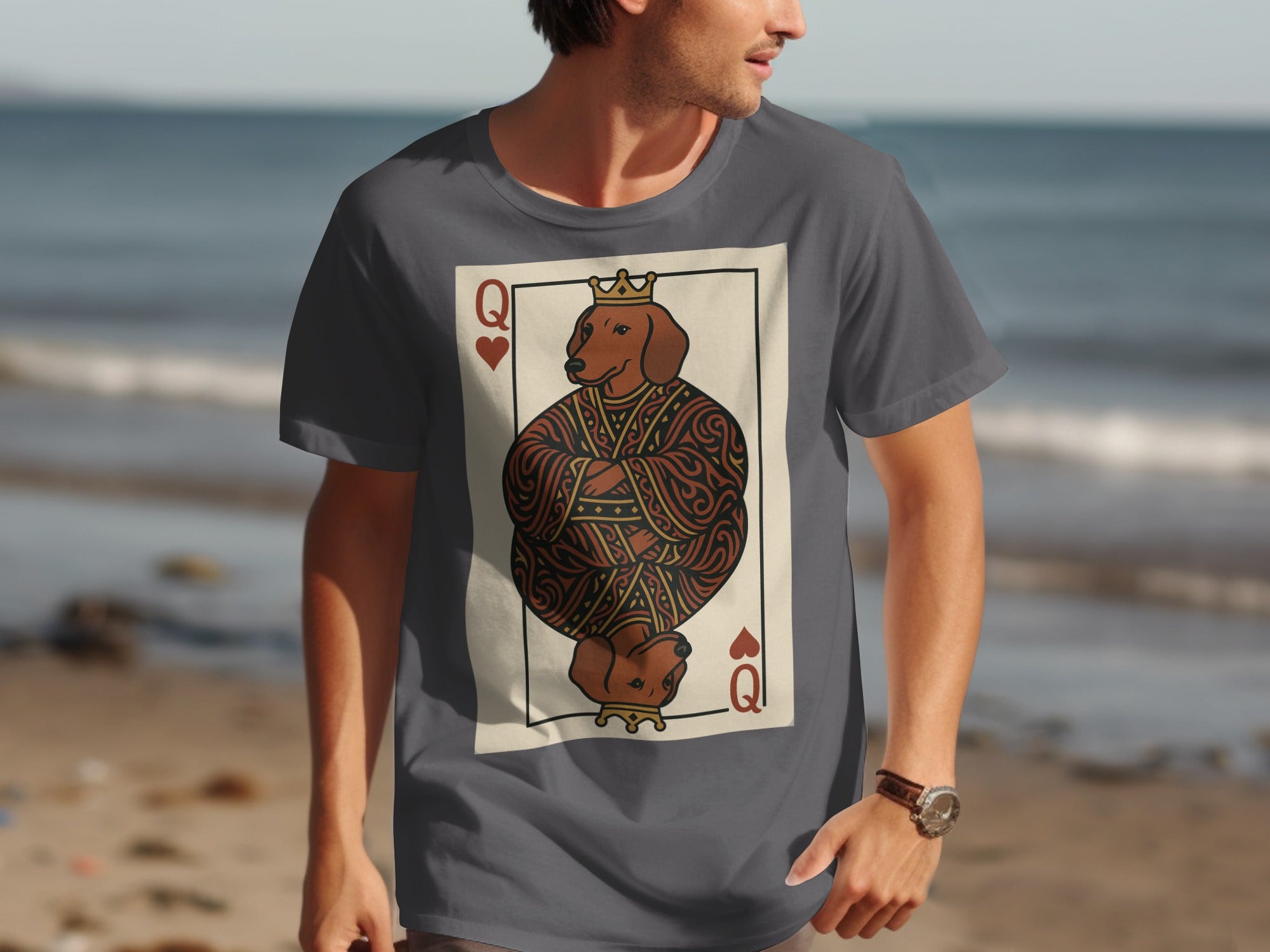 T-shirt graphic: Queen of Hearts playing card with a dachshund wearing a crown.