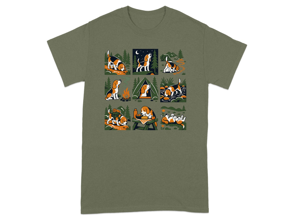 Nine cartoon beagles engaged in various outdoor camping activities, illustrated on a green t-shirt.