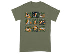 Nine cartoon beagles engaged in various outdoor camping activities, illustrated on a green t-shirt.