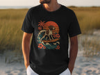 Surfing Dog in Tropical Sunset Scene T-Shirt