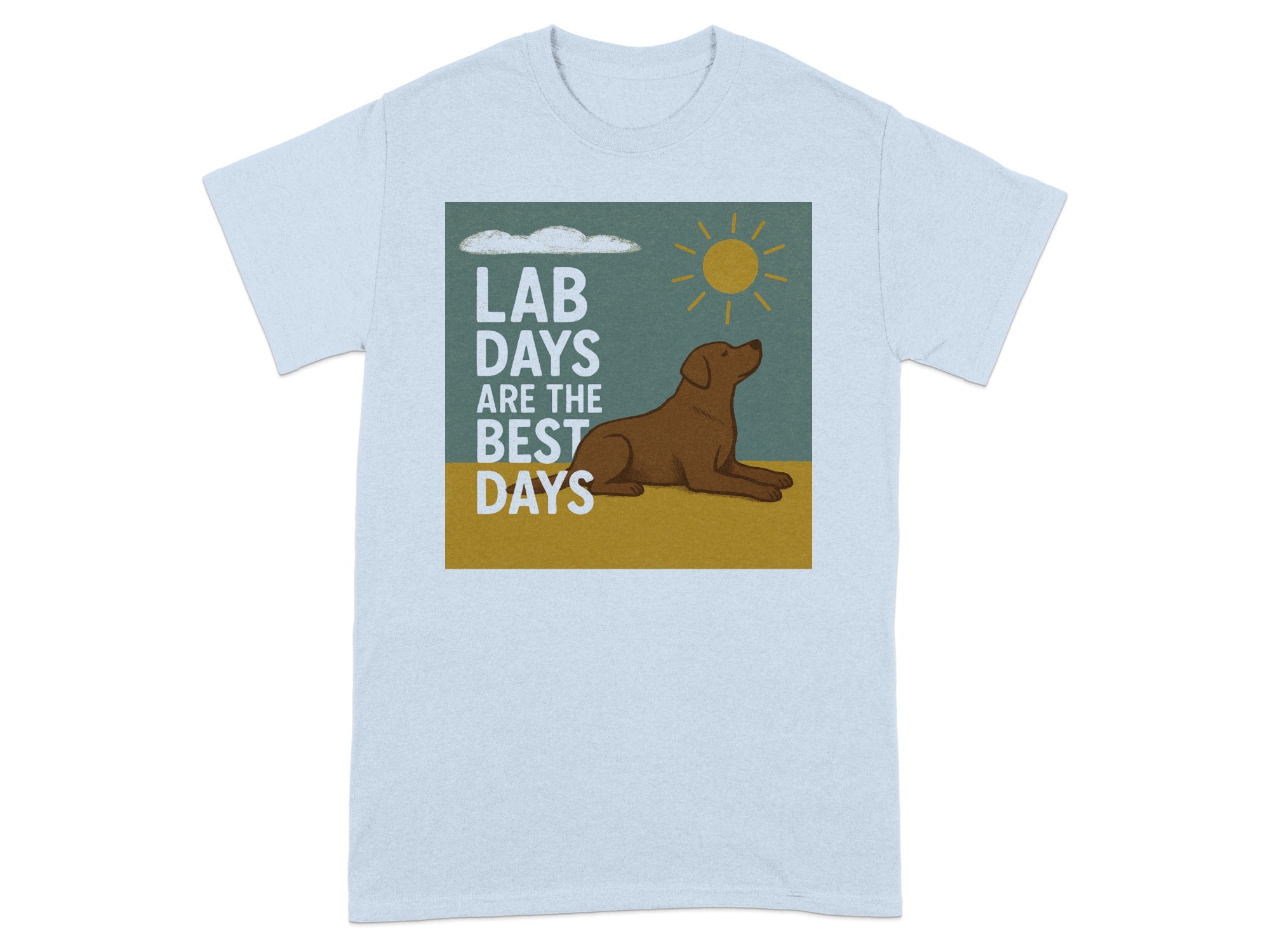 Light blue t-shirt with graphic of brown dog, sun, clouds, and text "LAB DAYS ARE THE BEST DAYS".