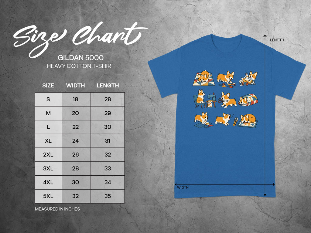 Gildan 5000 heavy cotton t-shirt size chart with corgi illustrations.