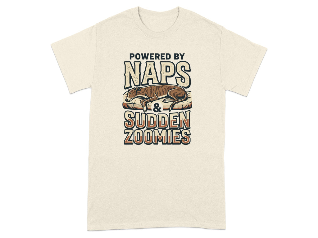 Cream t-shirt with "POWERED BY NAPS & SUDDEN ZOOMIES" text and dog.