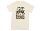 Cream t-shirt with "POWERED BY NAPS & SUDDEN ZOOMIES" text and dog.