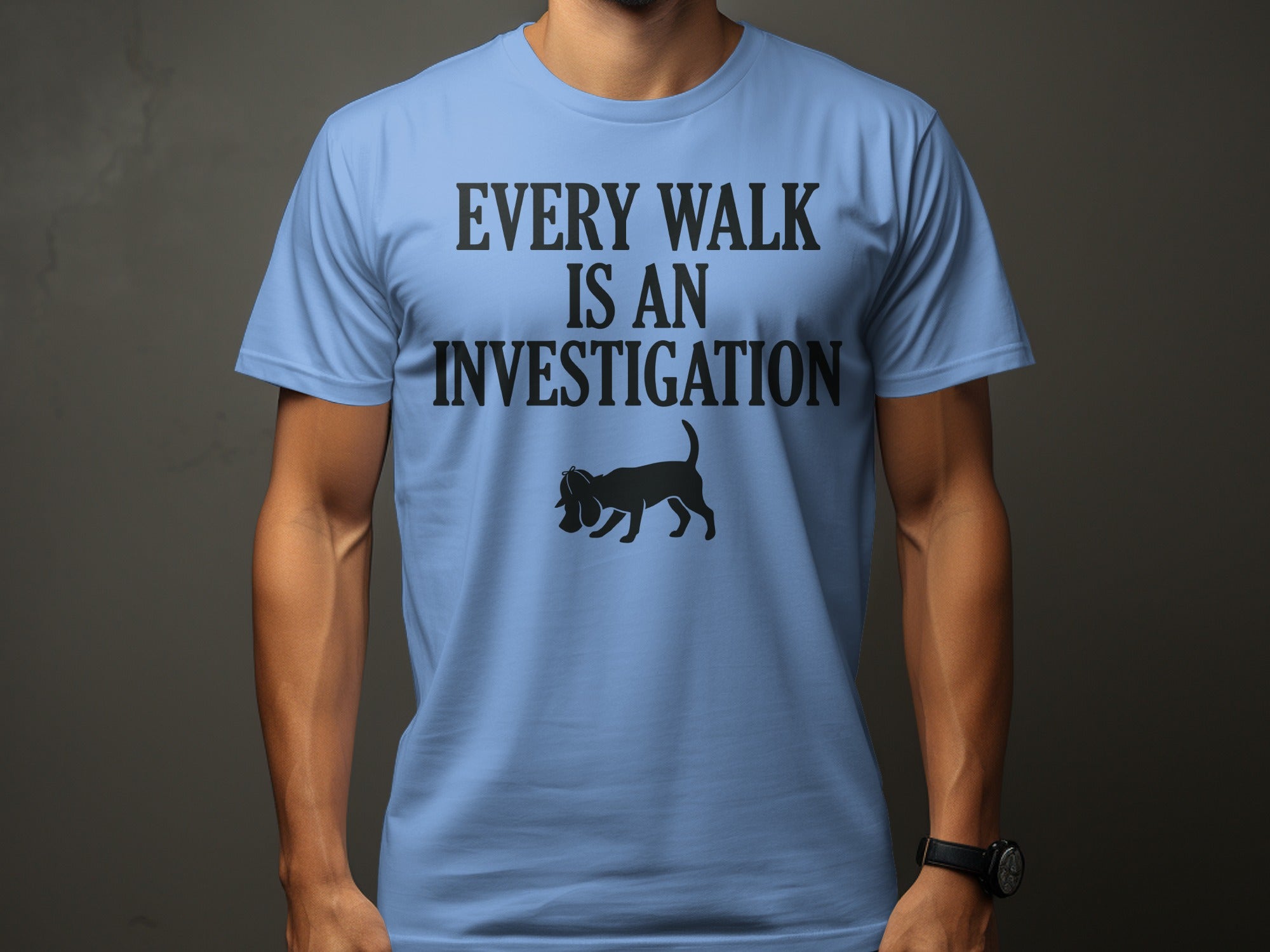 Light blue t-shirt with black text and a dog silhouette.
