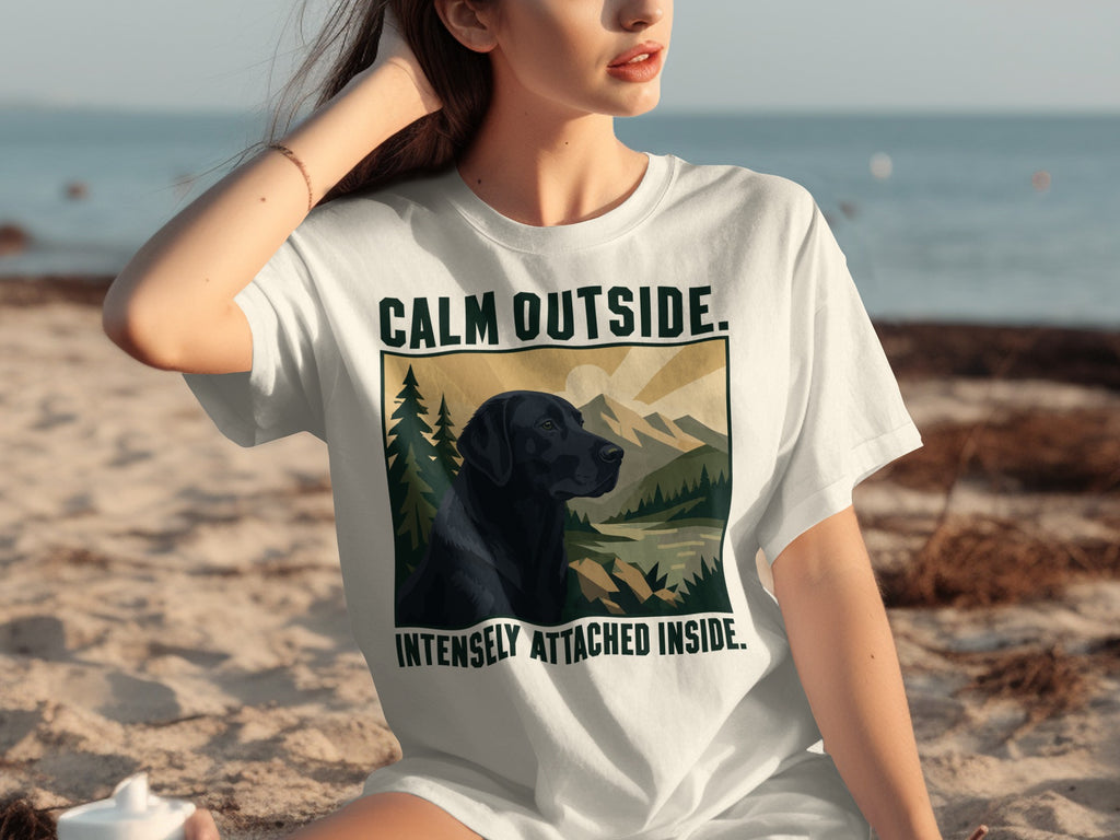 Black Labrador on white t-shirt with mountains, trees, and text: "CALM OUTSIDE. INTENSELY ATTACHED INSIDE."