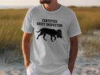 Man wearing white t-shirt with dog graphic and text "Certified Sniff Inspector".