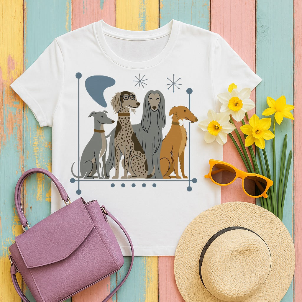 Greyhound, Whippet, Borzoi and Saluki Atomic Sight Hounds Mid-Century Modern t-shirt