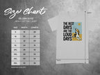 Gildan 5000 t-shirt size chart with beagle graphic and "The best days are the loud days" text.