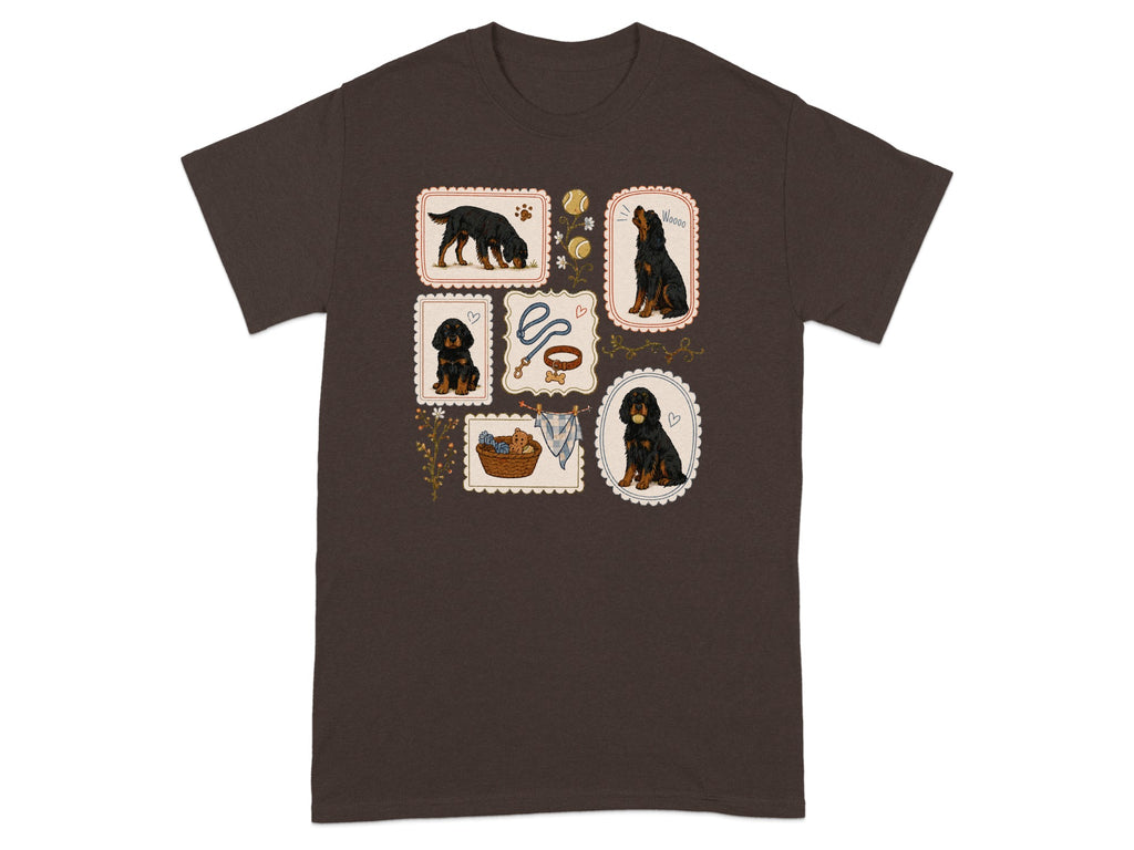 Brown t-shirt with a collage of illustrated puppies, paw prints, and dog accessories.
