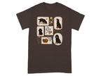 Brown t-shirt with a collage of illustrated puppies, paw prints, and dog accessories.