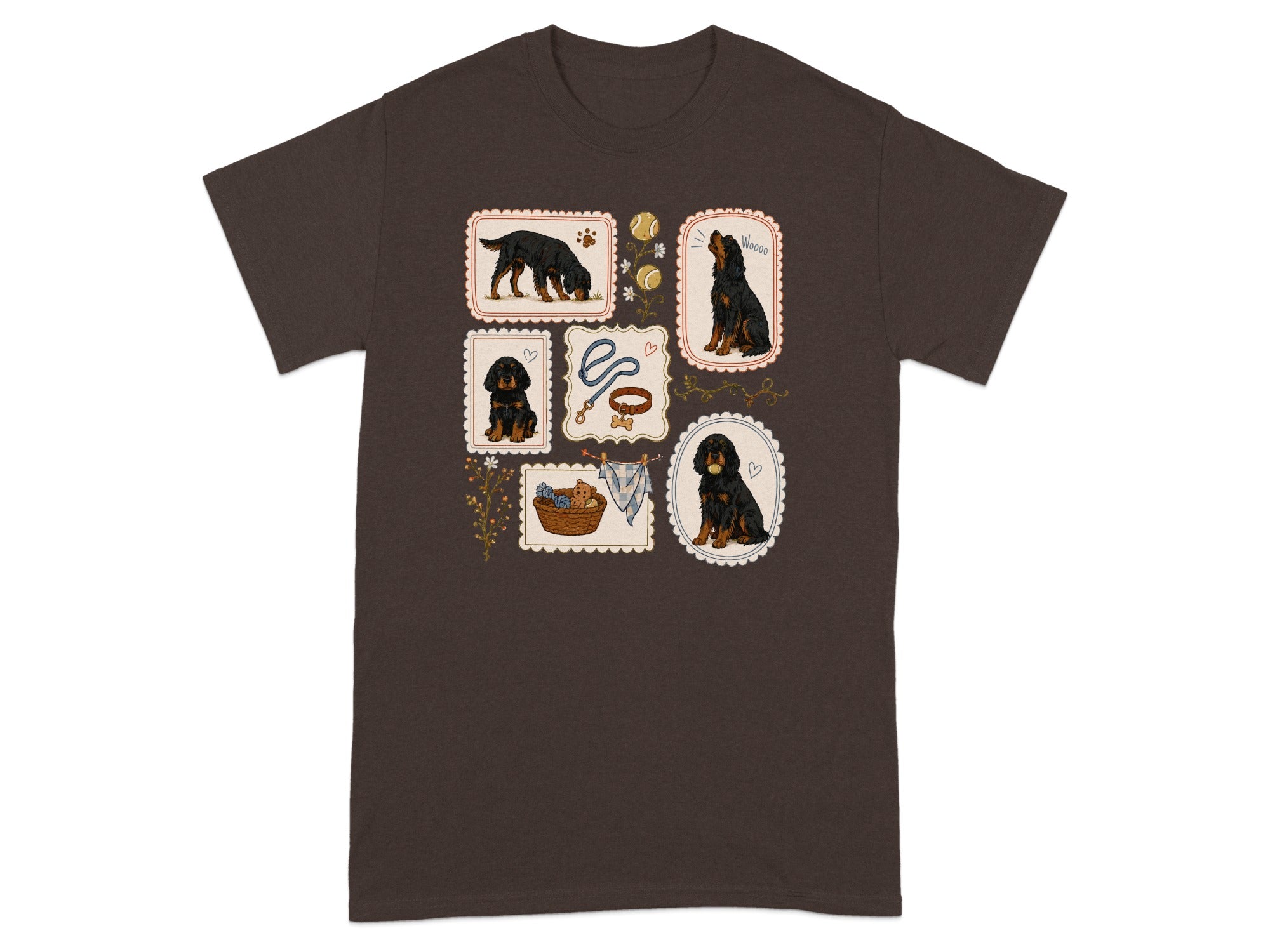 Brown t-shirt with a collage of illustrated puppies, paw prints, and dog accessories.