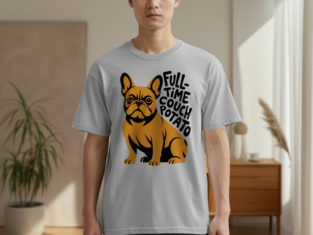 French bulldog graphic with "Full-time couch potato" text on gray t-shirt.