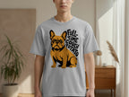 French bulldog graphic with "Full-time couch potato" text on gray t-shirt.