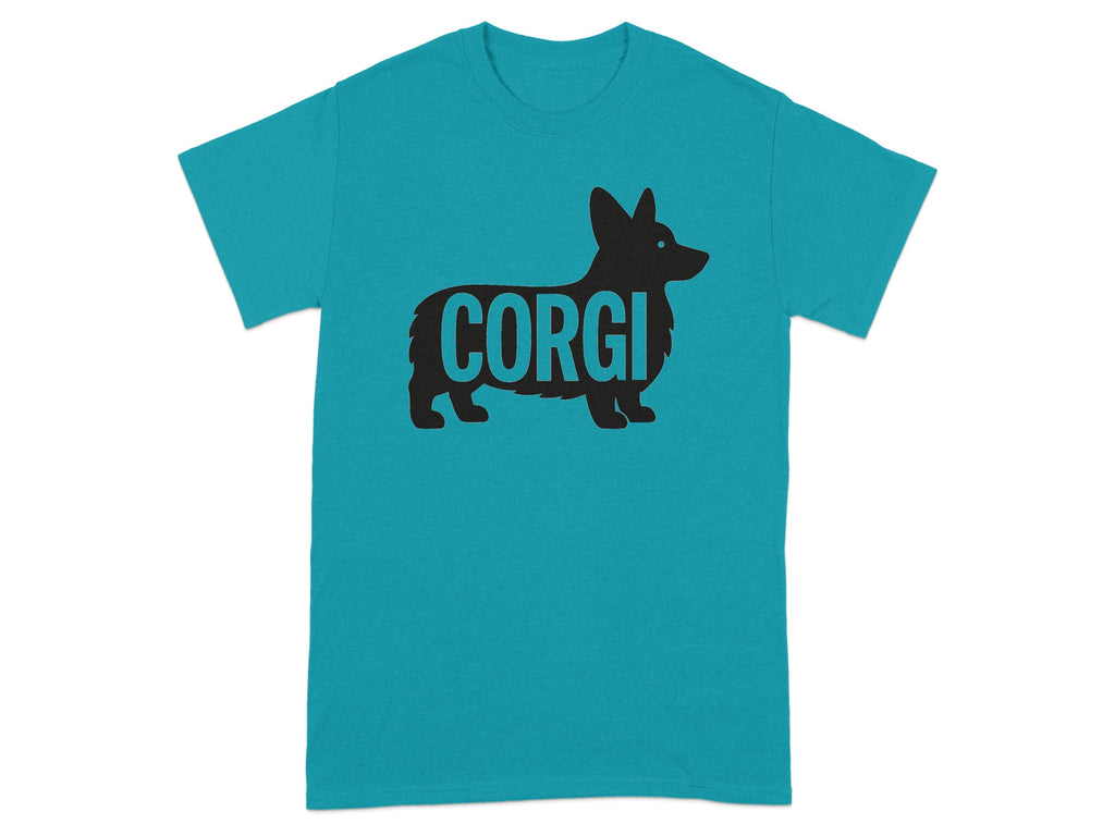 Black corgi silhouette with "CORGI" text on a teal t-shirt.