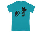 Black corgi silhouette with "CORGI" text on a teal t-shirt.