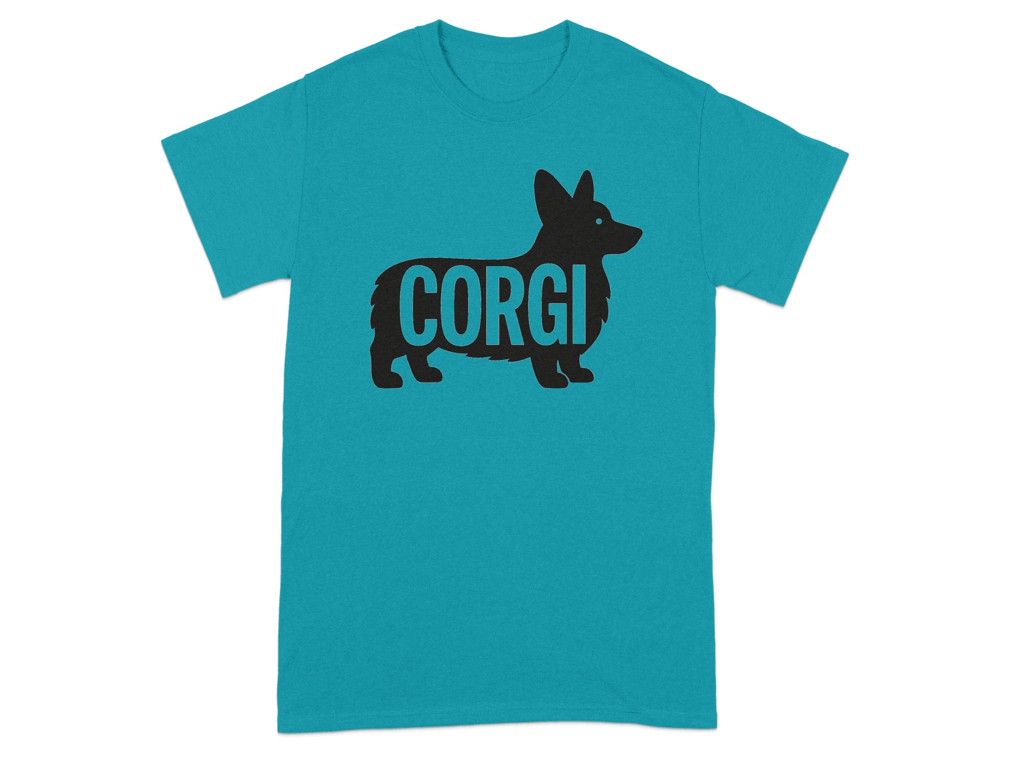 Black corgi silhouette with "CORGI" text on a teal t-shirt.