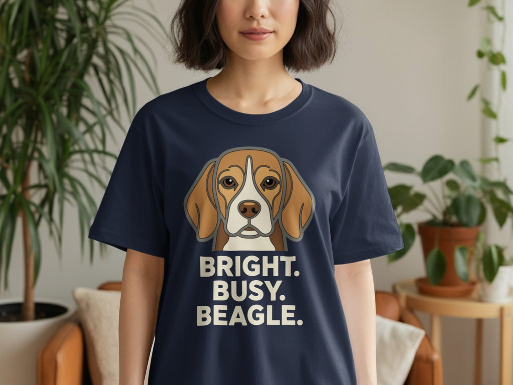 Dark blue t-shirt with a Beagle dog's face and text "BRIGHT. BUSY. BEAGLE."