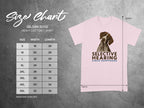 Gildan 5000 t-shirt size chart with "Selective Hearing Since Puppyhood" graphic.