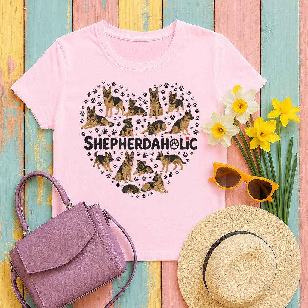 Shepherdaholic Heart German Shepherd T-Shirt in Light Pink