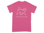 Pink t-shirt with a pug outline and the text "Slow down, enjoy walks".