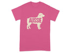 Pink t-shirt with silhouette of Australian Shepherd dog and text "AUSSIE".