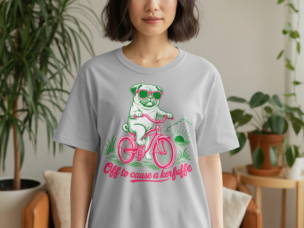 Pug wearing sunglasses rides a bicycle with text "Off to cause a kerfuffle".
