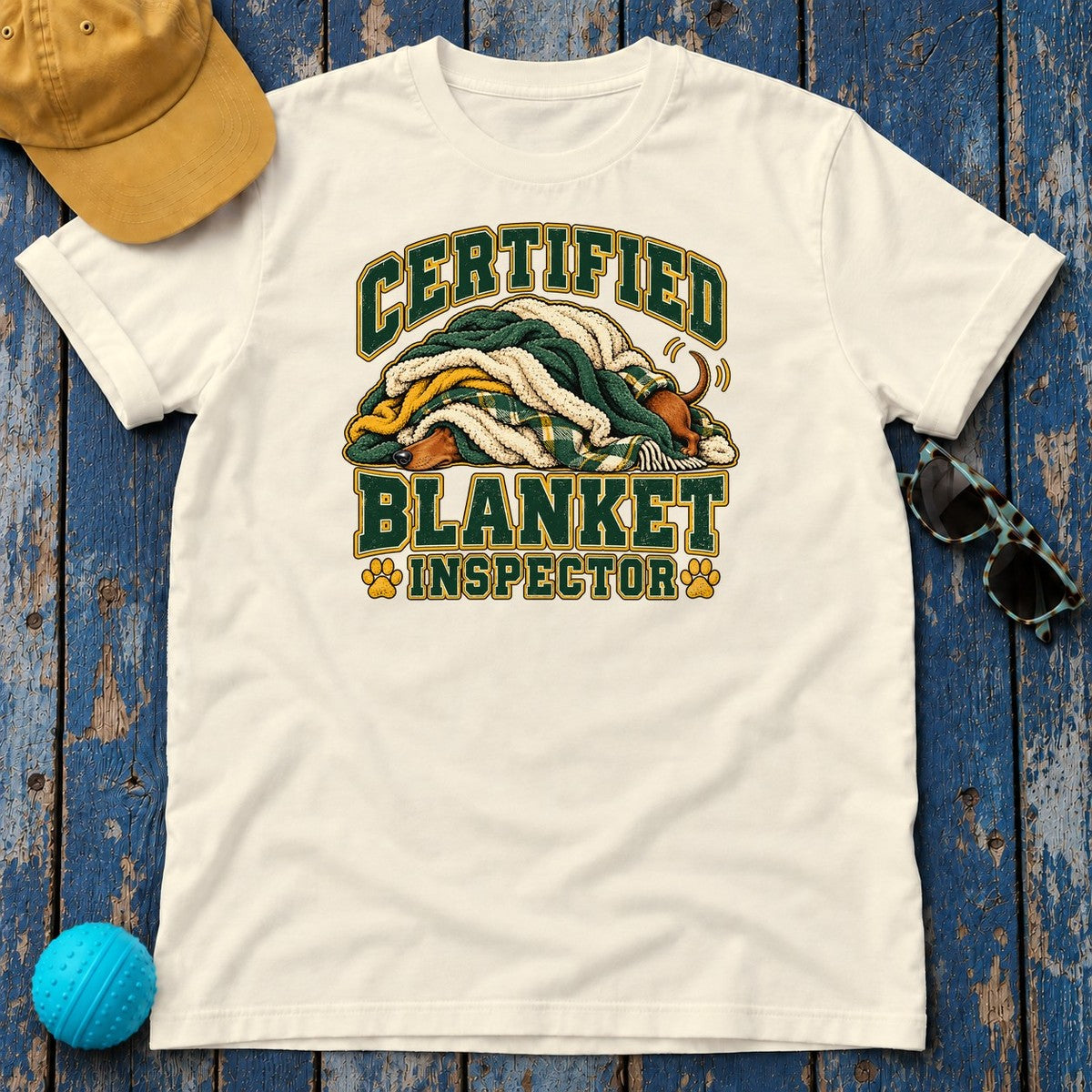 Certified Blanket Inspector Dachshund T-Shirt in Natural - flat lay