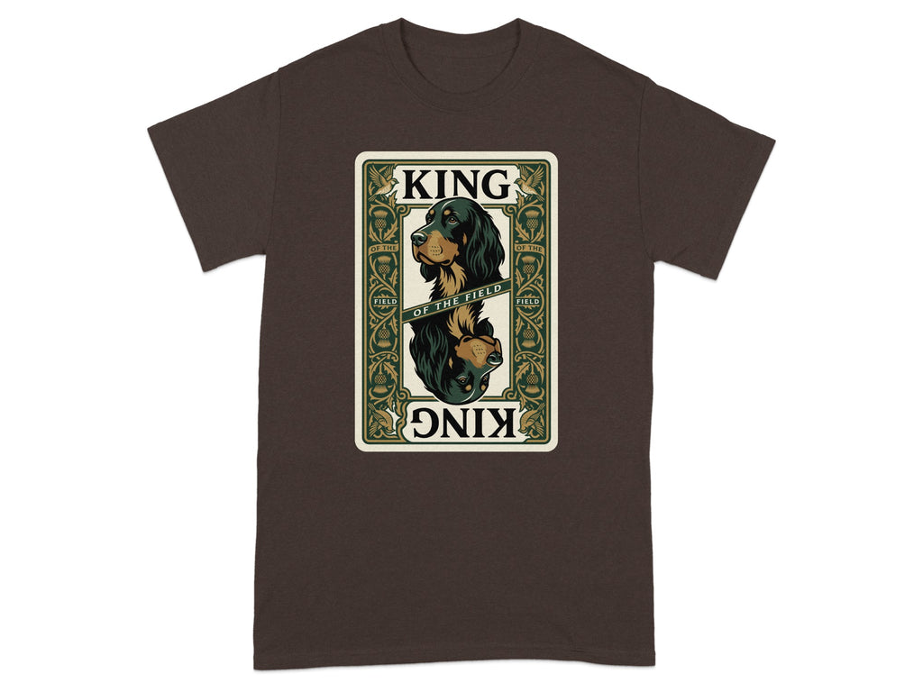 Brown t-shirt featuring a King of the Field card graphic with a dog and ornate borders.