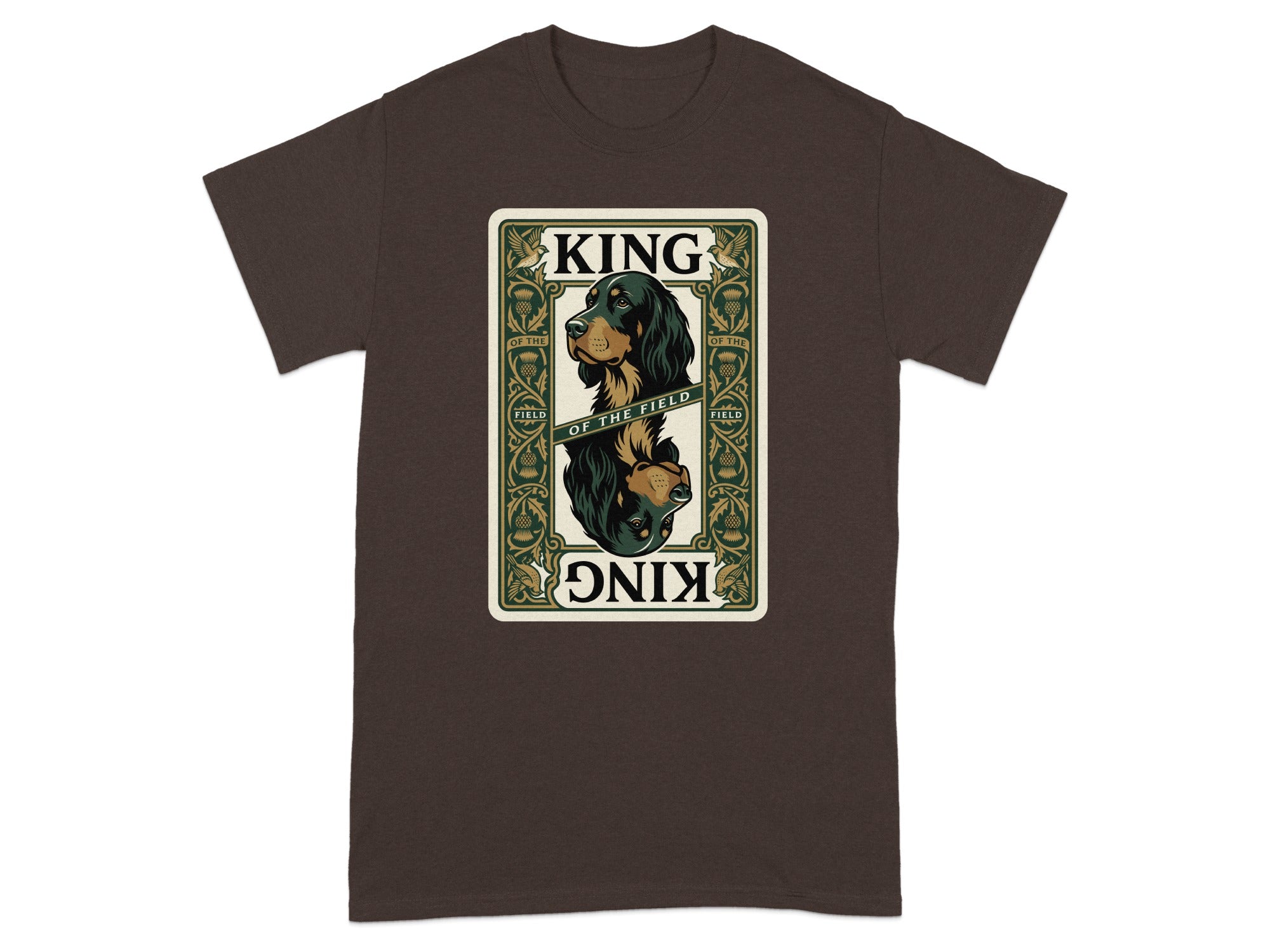 Brown t-shirt featuring a King of the Field card graphic with a dog and ornate borders.