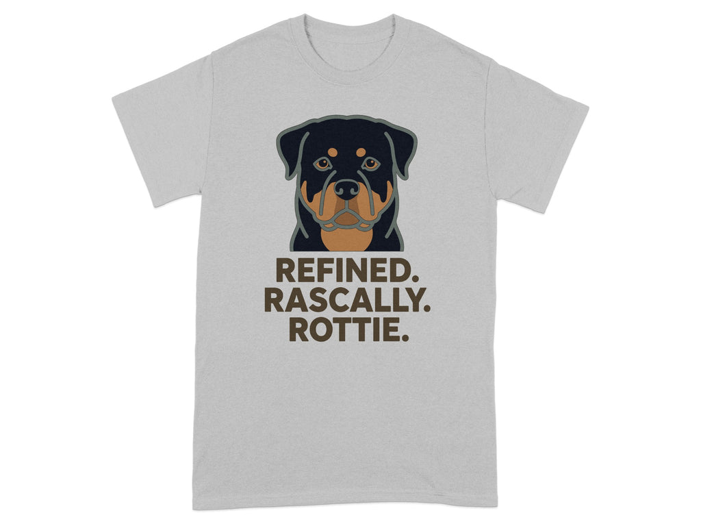 Grey t-shirt with a Rottweiler graphic and text "REFINED. RASCALLY. ROTTIE."