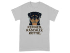 Grey t-shirt with a Rottweiler graphic and text "REFINED. RASCALLY. ROTTIE."
