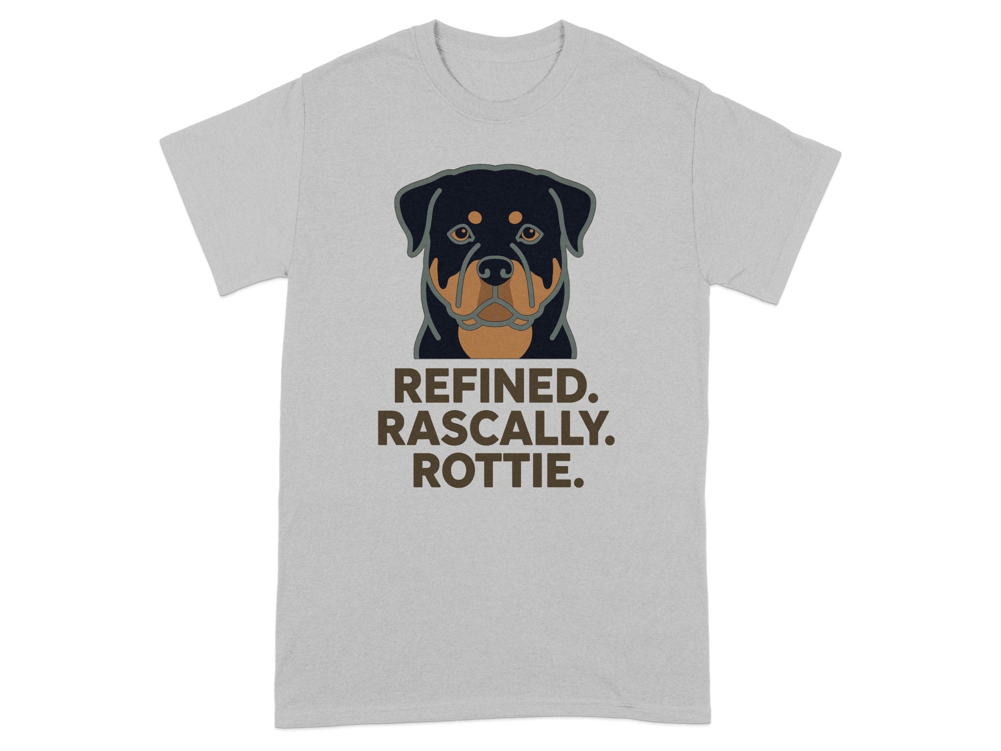 Grey t-shirt with a Rottweiler graphic and text "REFINED. RASCALLY. ROTTIE."