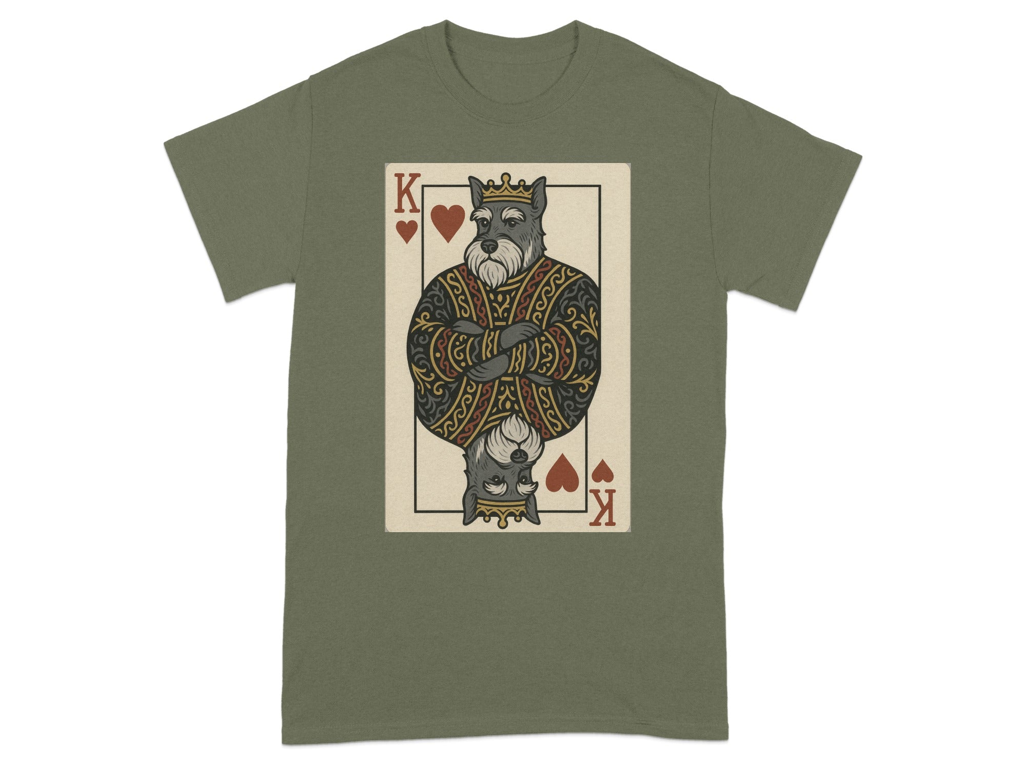 Schnauzer dog in king playing card design on a green t-shirt.