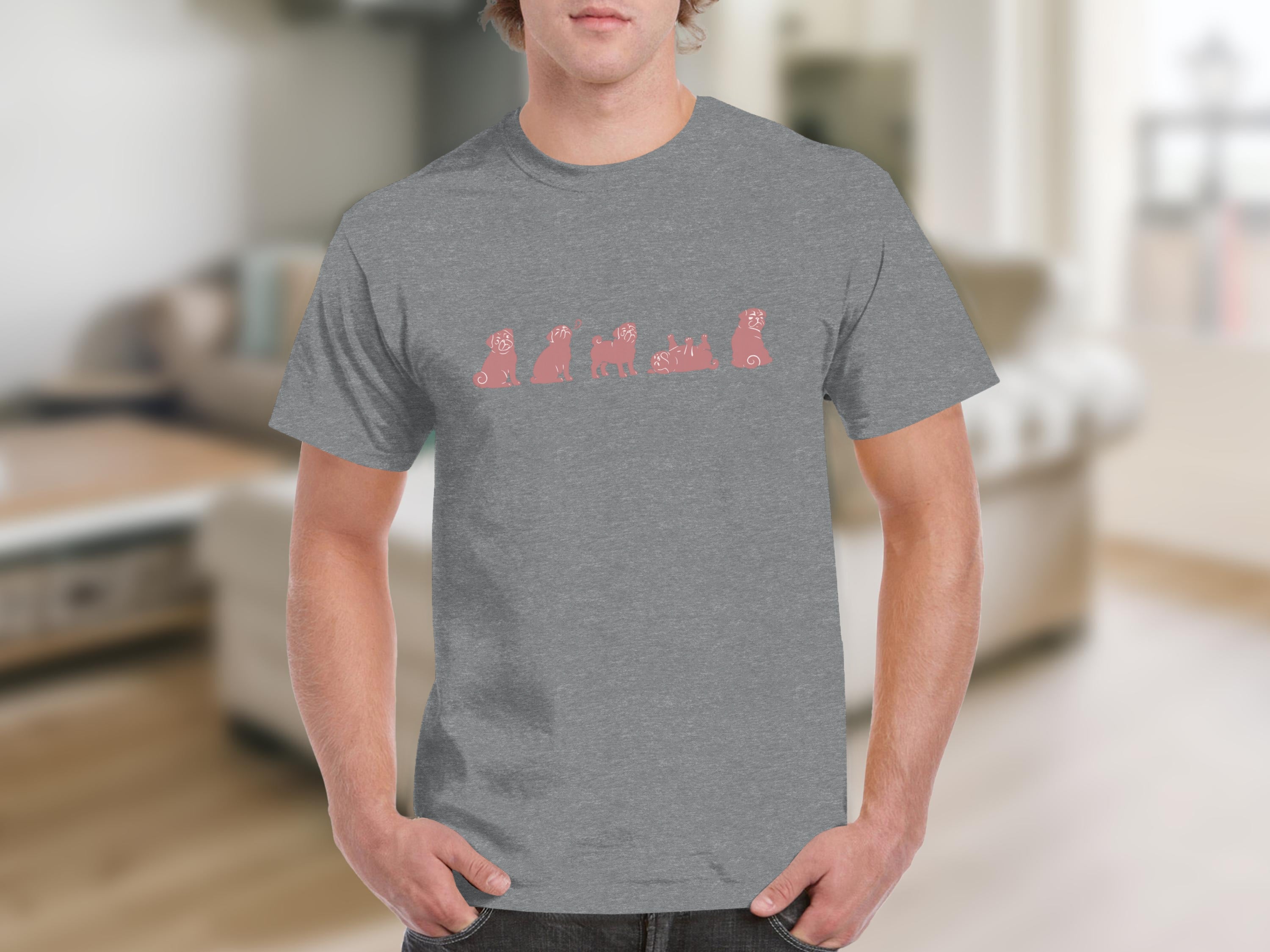 Gray t-shirt with a repeating pattern of five pink pugs in various poses.