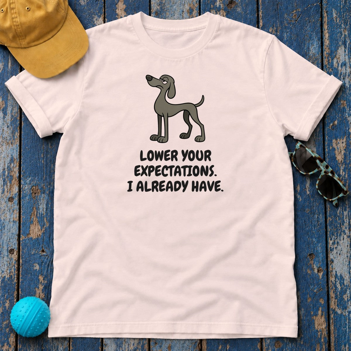 Weimaraner Lower Your Expectations Tee in Soft Pink