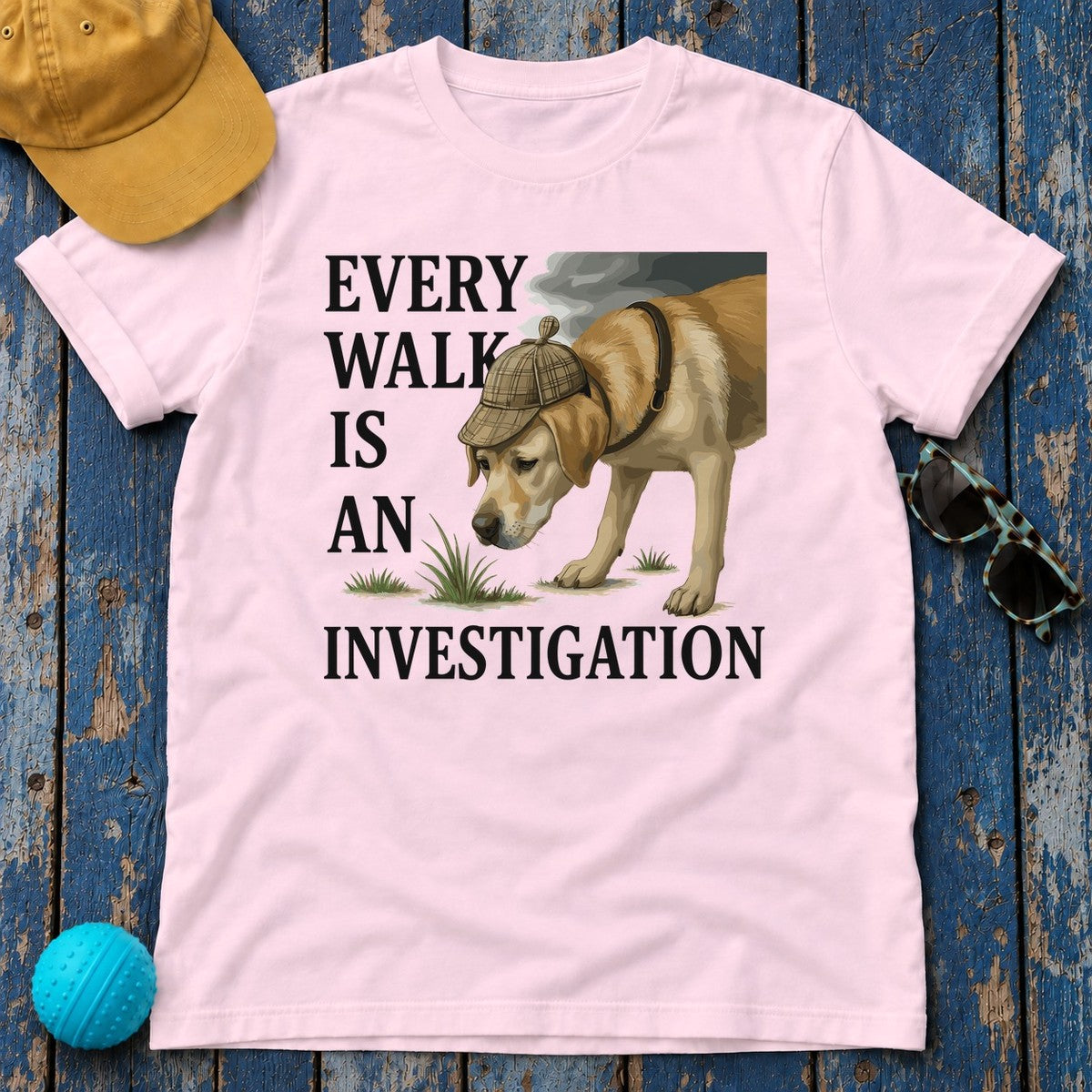 Yellow Lab Every Walk is an Investigation T-shirt in Light Pink
