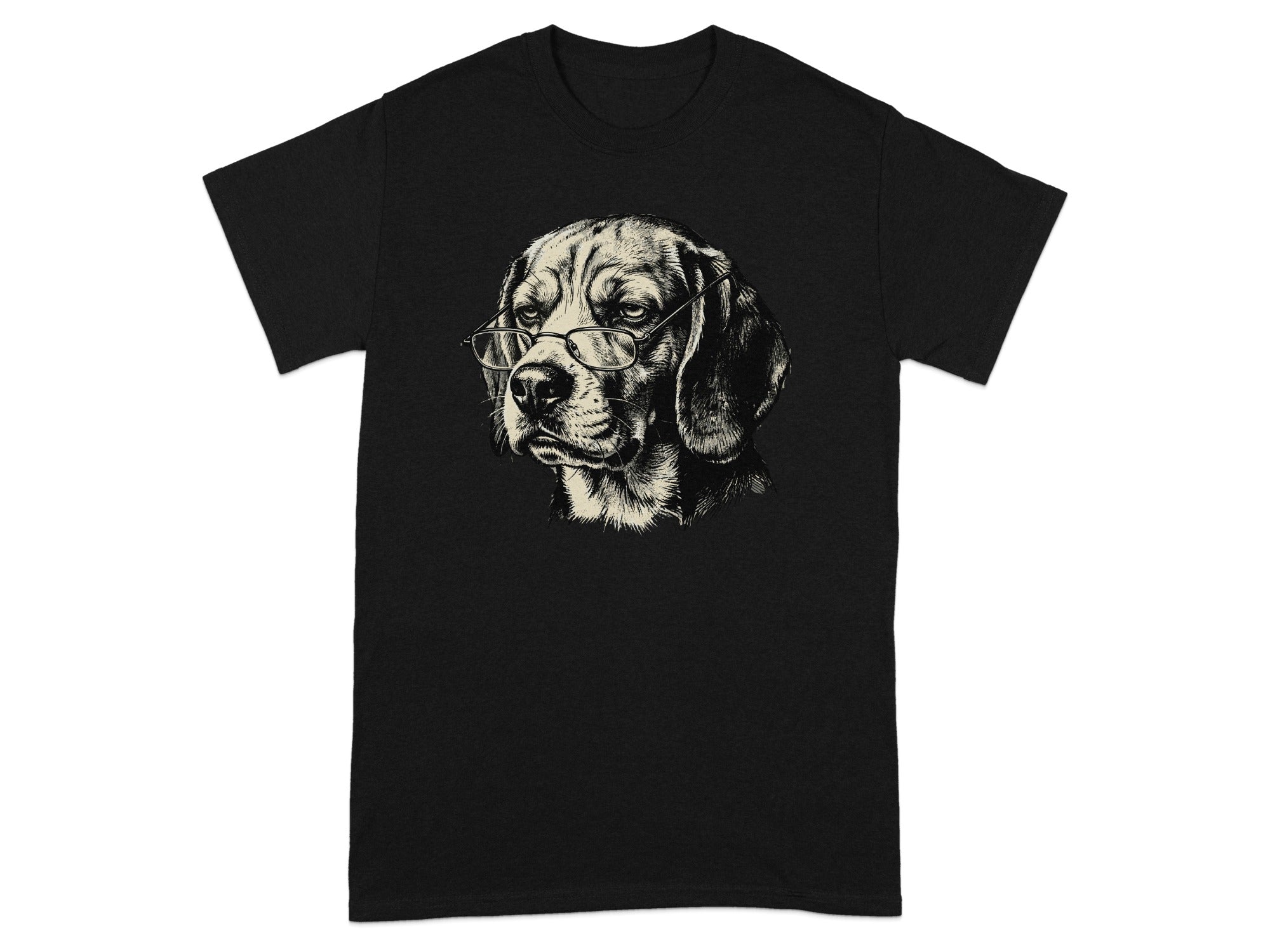 Black t-shirt with a detailed sketch of a beagle wearing glasses.