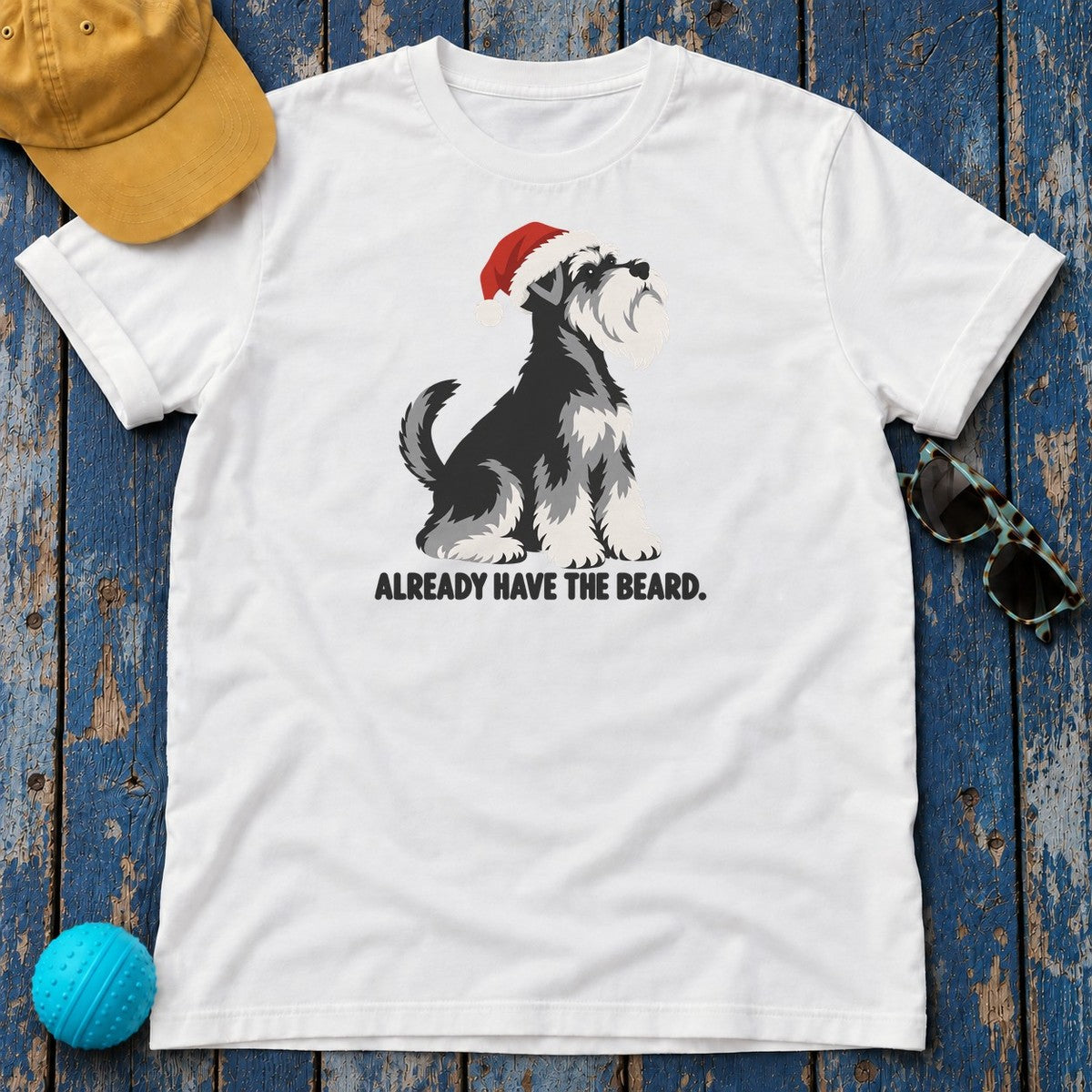 Already Have the Beard Sitting Santa Schnauzer T-Shirt in White - flat lay