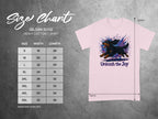 Gildan 5000 heavy cotton t-shirt size chart with dog graphic and text "Unleash the Joy".