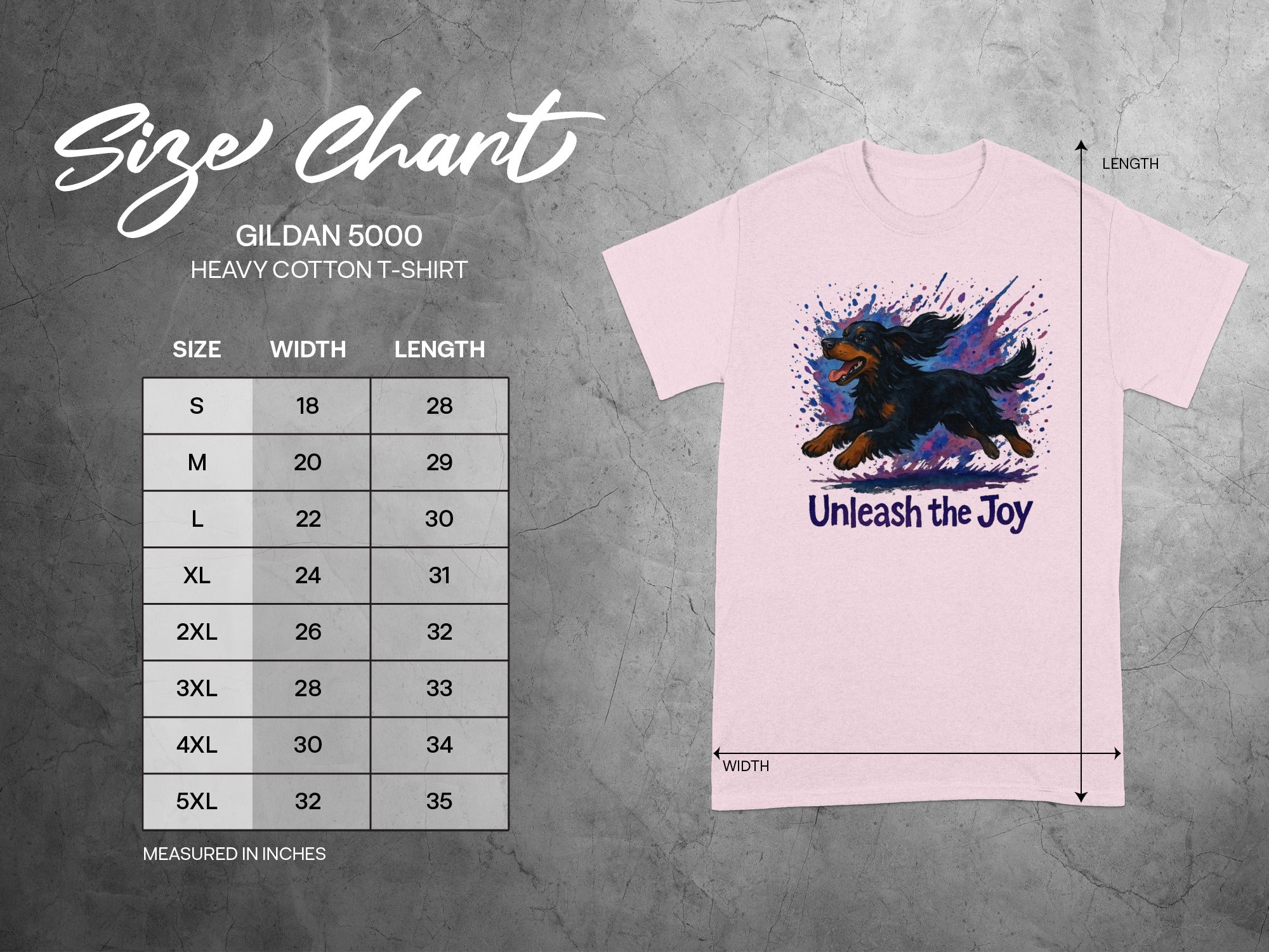 Gildan 5000 heavy cotton t-shirt size chart with dog graphic and text "Unleash the Joy".
