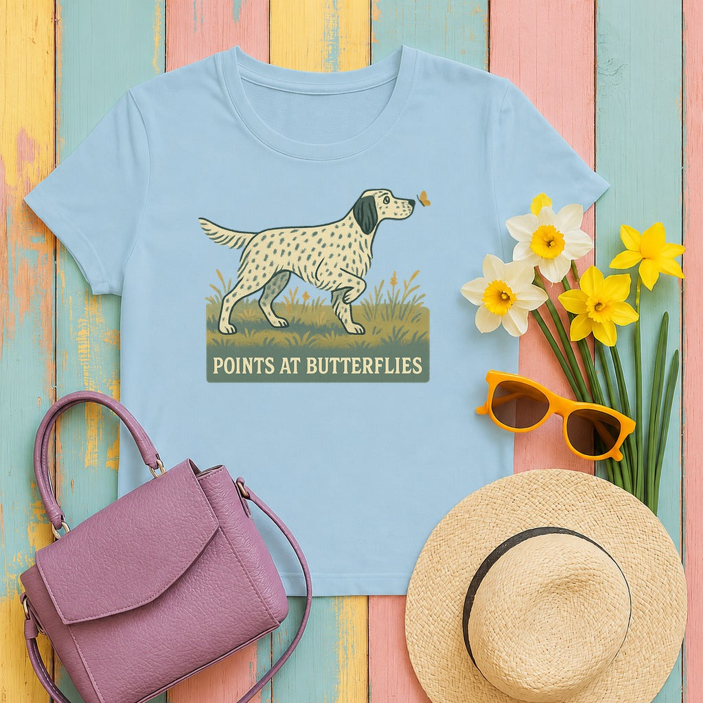 English Setter Points at Butterflies Tee in Light Blue