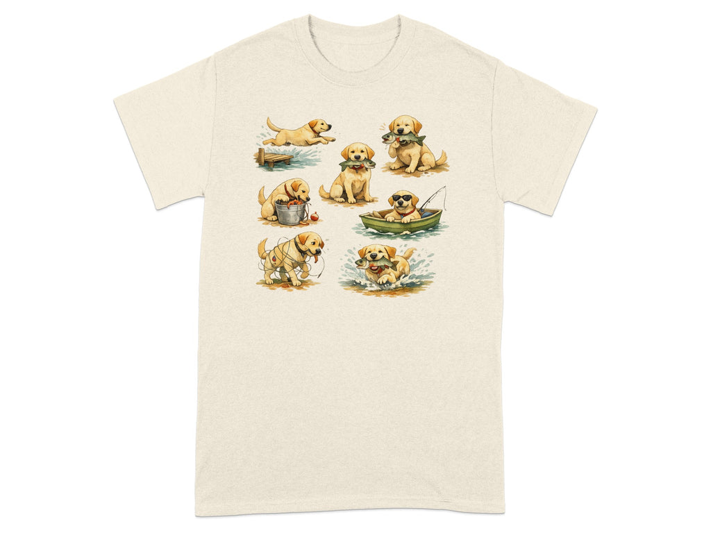 Watercolor illustrations of six yellow labrador puppies enjoying various fishing activities.